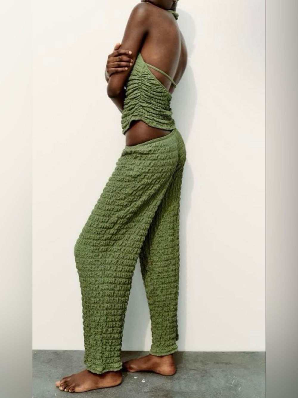 Zara Olive Textured Halter Top & Wide-Leg Pants Set